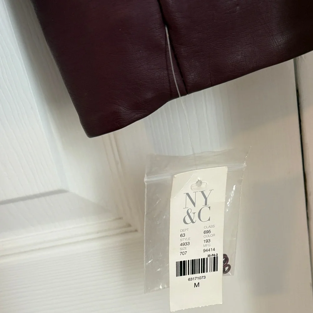 New York & Company Women's Burgundy Faux Fur Jacket with Leather-look Sleeves - Picture 3 of 10